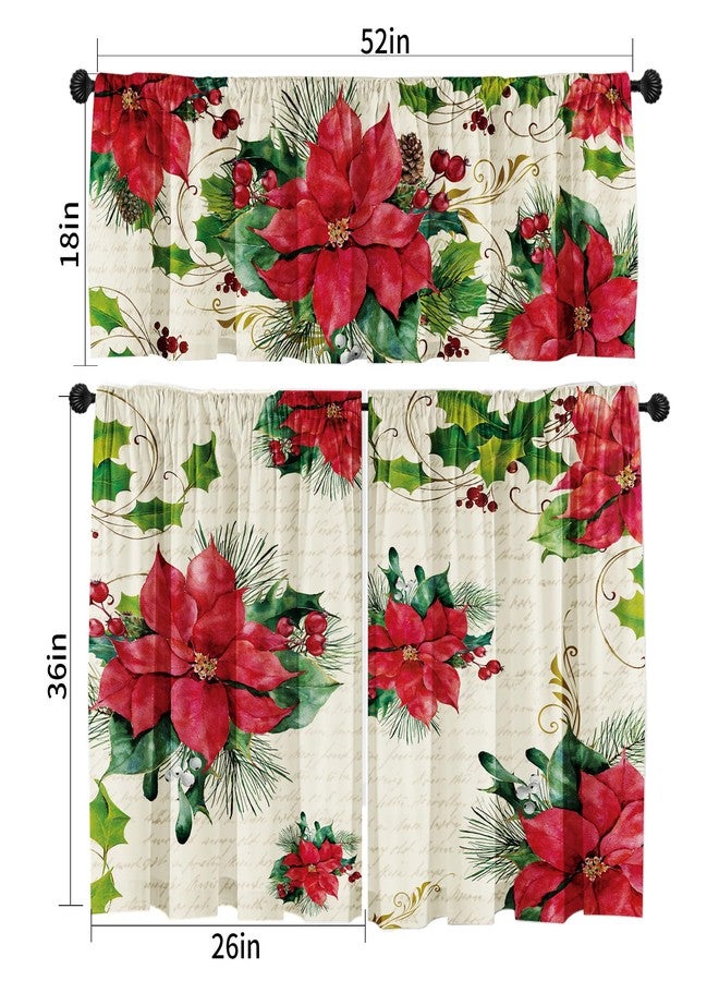 SUNWISHA Poinsettia Christmas Curtain Valances Set, Upper & Lower Curtains,52'' L x 18'' W & 36'' L x 26'' W, Holiday Bedroom Decoration, Kitchen Windows Decor, 3 Piece Set, Red - Image 2